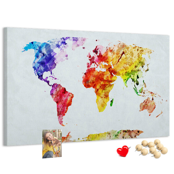 Bunte Aquarell-Weltkarte mit Korkrückwand