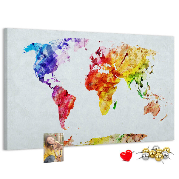 Bunte Aquarell-Weltkarte mit Korkrückwand