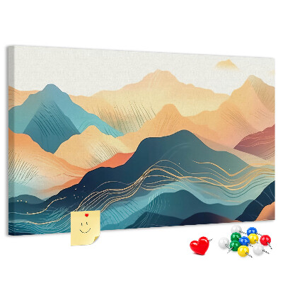 Korktafel mit abstraktem Bergmotiv in Pastelltönen