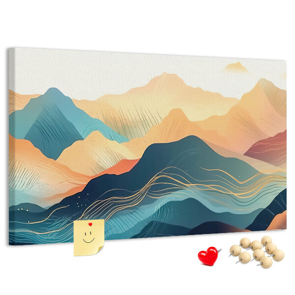 Korktafel mit abstraktem Bergmotiv in Pastelltönen