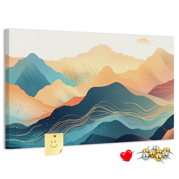 Korktafel mit abstraktem Bergmotiv in Pastelltönen