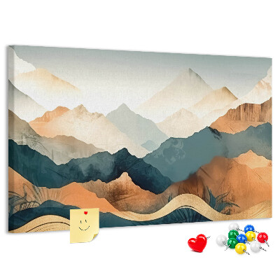 Kork-Pinnwand mit Motiv einer Berglandschaft in gedeckten Farben