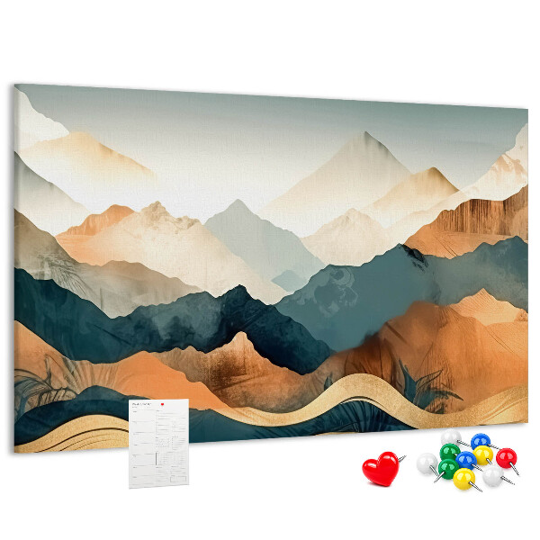 Kork-Pinnwand mit Motiv einer Berglandschaft in gedeckten Farben