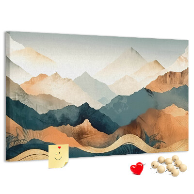 Kork-Pinnwand mit Motiv einer Berglandschaft in gedeckten Farben