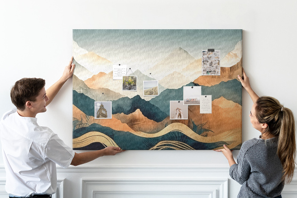 Kork-Pinnwand mit Motiv einer Berglandschaft in gedeckten Farben