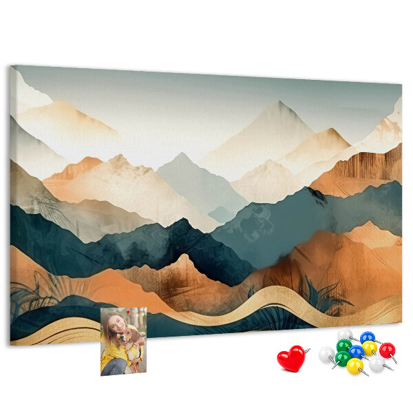 Kork-Pinnwand mit Motiv einer Berglandschaft in gedeckten Farben