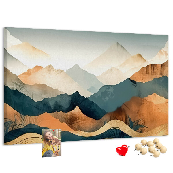 Kork-Pinnwand mit Motiv einer Berglandschaft in gedeckten Farben
