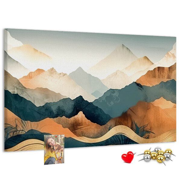 Kork-Pinnwand mit Motiv einer Berglandschaft in gedeckten Farben