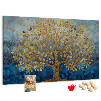 Korkbild mit Blattgold auf blauem Baumhintergrund