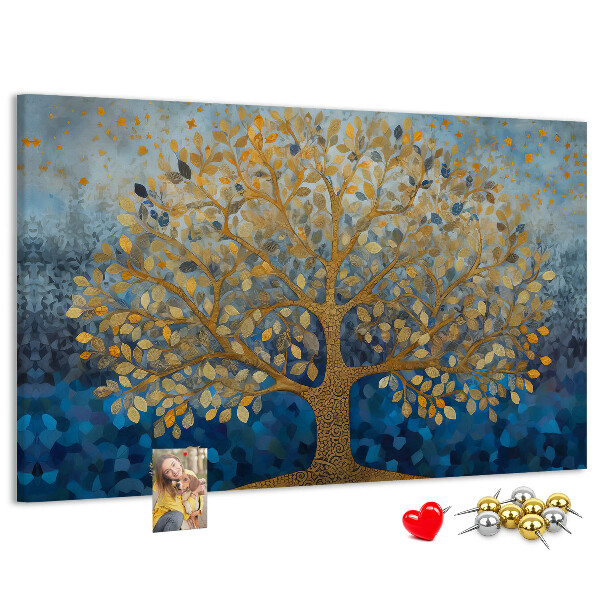 Korkbild mit Blattgold auf blauem Baumhintergrund
