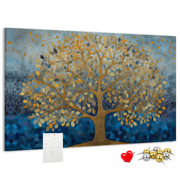 Korkbild mit Blattgold auf blauem Baumhintergrund