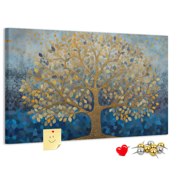 Korkbild mit Blattgold auf blauem Baumhintergrund