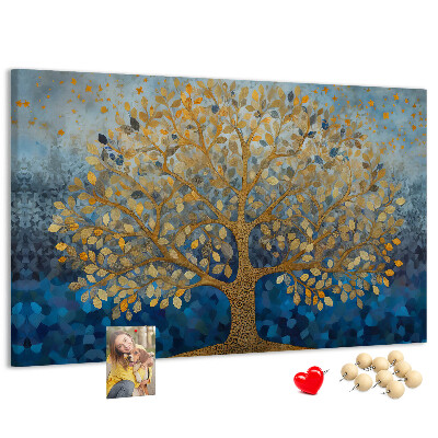 Korkbild mit Blattgold auf blauem Baumhintergrund