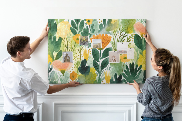 Korktafel mit Blumenmuster und grünen Blättern