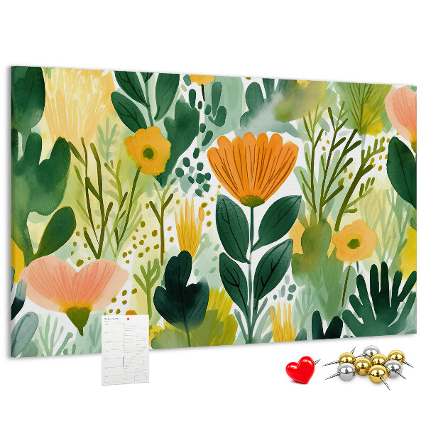Korktafel mit Blumenmuster und grünen Blättern
