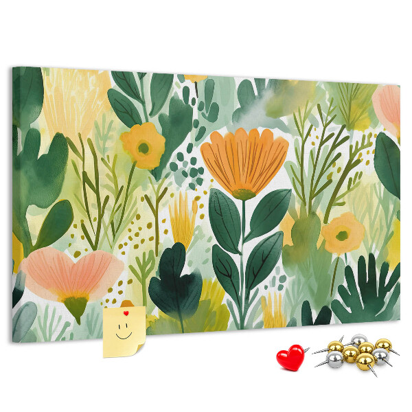 Korktafel mit Blumenmuster und grünen Blättern