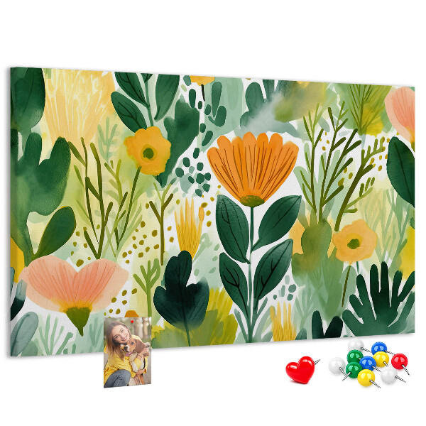 Korktafel mit Blumenmuster und grünen Blättern