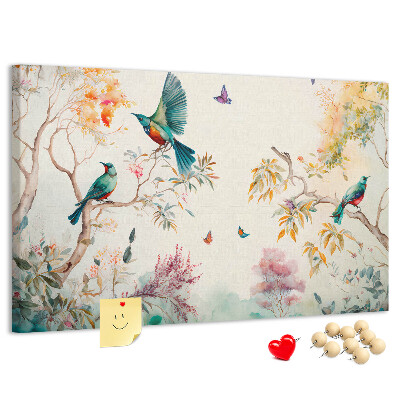 Korkbild farbenfrohe Vögel in einer Frühlingslandschaft