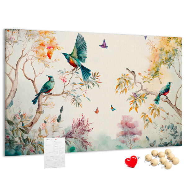 Korkbild farbenfrohe Vögel in einer Frühlingslandschaft