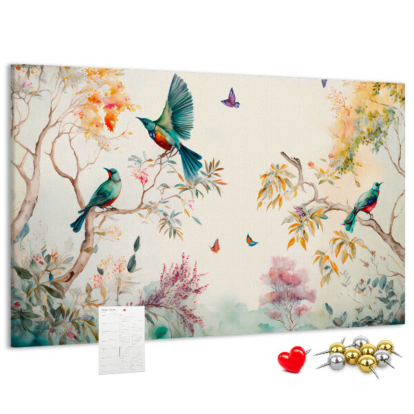 Korkbild farbenfrohe Vögel in einer Frühlingslandschaft