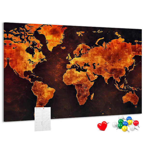 Korktafel mit Motiv einer goldenen Weltkarte auf braunem Hintergrund