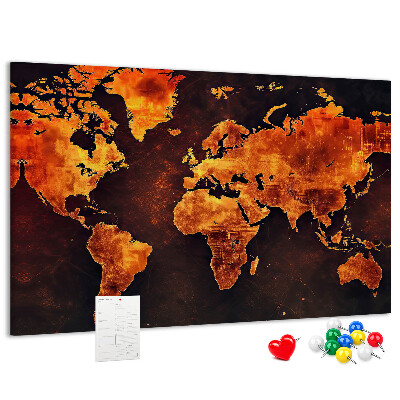 Korktafel mit Motiv einer goldenen Weltkarte auf braunem Hintergrund