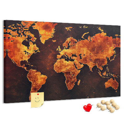Korktafel mit Motiv einer goldenen Weltkarte auf braunem Hintergrund