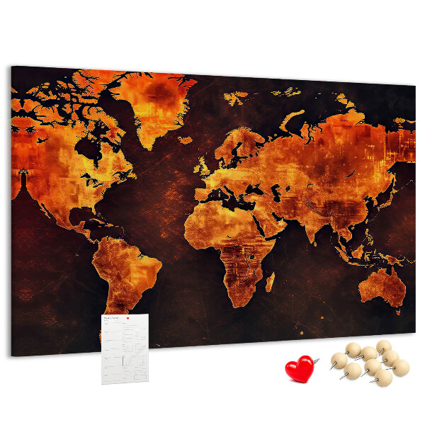 Korktafel mit Motiv einer goldenen Weltkarte auf braunem Hintergrund