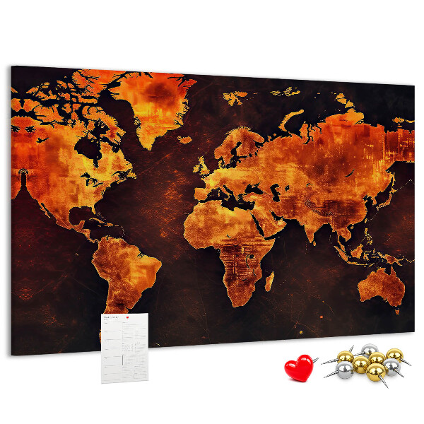 Korktafel mit Motiv einer goldenen Weltkarte auf braunem Hintergrund