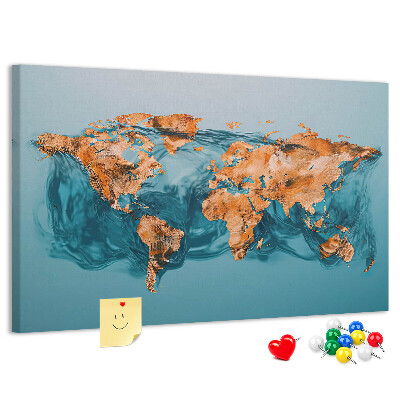 Weltkarte aus kräuselndem Wasser mit Korkrückwand