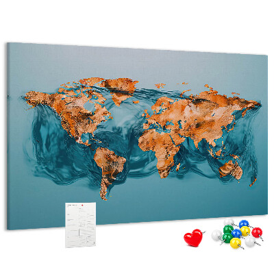 Weltkarte aus kräuselndem Wasser mit Korkrückwand