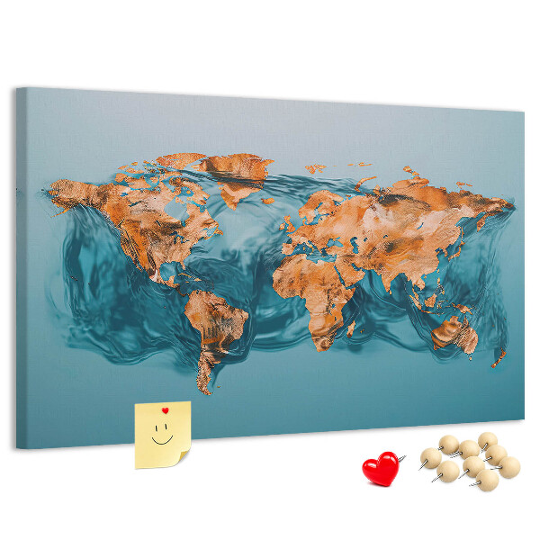 Weltkarte aus kräuselndem Wasser mit Korkrückwand