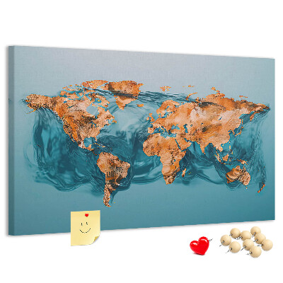 Weltkarte aus kräuselndem Wasser mit Korkrückwand