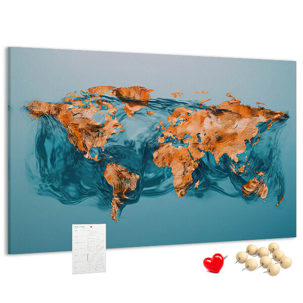 Weltkarte aus kräuselndem Wasser mit Korkrückwand