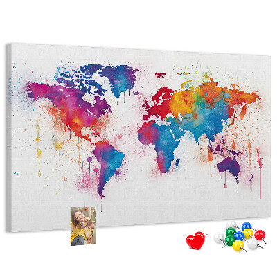 Bunte Aquarell-Weltkarte als Korkbild