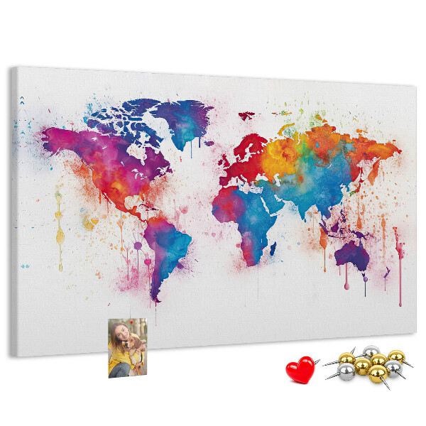 Bunte Aquarell-Weltkarte als Korkbild