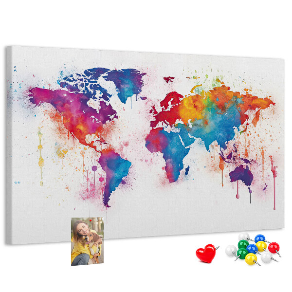 Bunte Aquarell-Weltkarte als Korkbild