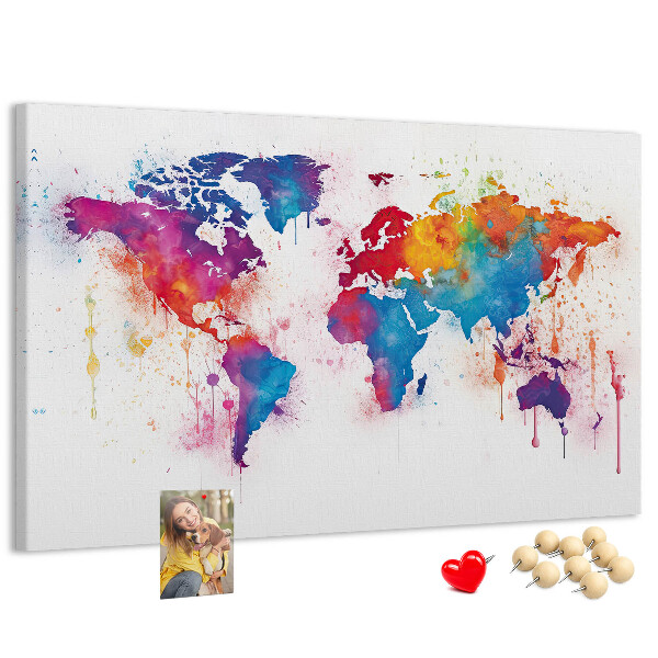 Bunte Aquarell-Weltkarte als Korkbild