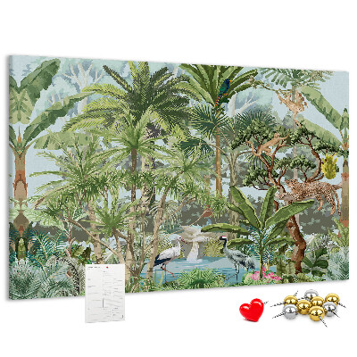 Bild mit Korkrückwand tropischer Wald mit Wildtieren und Vögeln