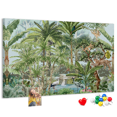 Bild mit Korkrückwand tropischer Wald mit Wildtieren und Vögeln