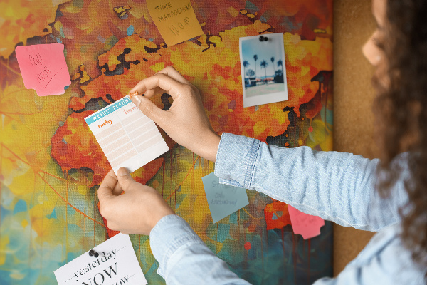 Weltkarte mit Korkrückwand in intensiven Farben