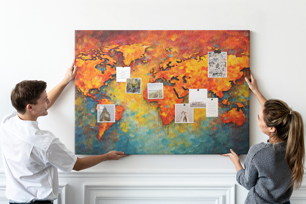 Weltkarte mit Korkrückwand in intensiven Farben
