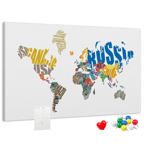 Weltkarte mit Ländernamen mit Korkrückwand
