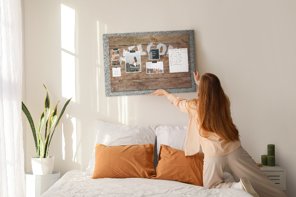 Willkommensschild aus Holz mit Korkbild-Inschrift