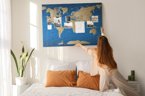 Weltkarte mit Korkrückwand inklusive farbiger Stecknadeln
