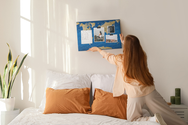Weltkarte mit Korkrückwand inklusive farbiger Stecknadeln
