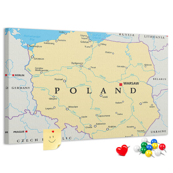 Korktafel mit einer Karte von Polen und hervorgehobenem Warschau