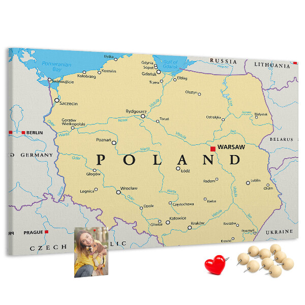 Korktafel mit einer Karte von Polen und hervorgehobenem Warschau