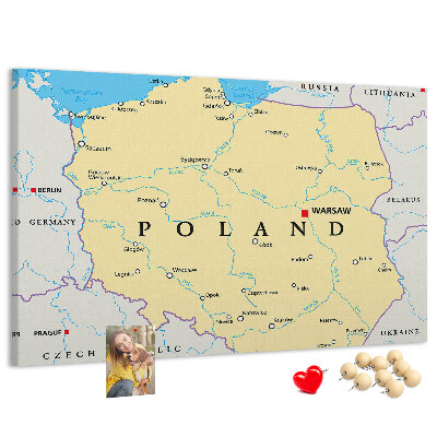 Korktafel mit einer Karte von Polen und hervorgehobenem Warschau