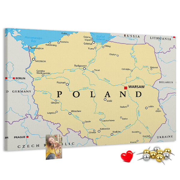 Korktafel mit einer Karte von Polen und hervorgehobenem Warschau